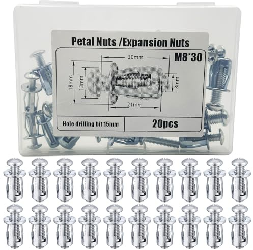 Tuercas Jack,Tuercas de PéTalo,tuercas de expansión,tuercas de pétalos con tornillos,tacos huecos de metal para gato hidráulico,paredes huecas, metal fino,paredes blandas (M8*30MM(20PCS))