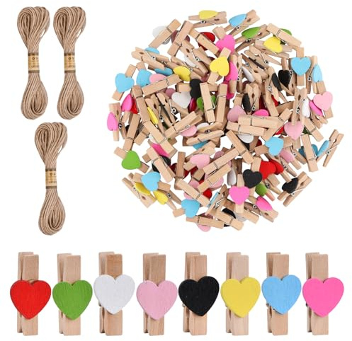 100 Stück Mini Holzklammern Herz, 3,5cm Foto Handwerk Clips, Wäscheklammern Holz Bunt Klein, Herzklammern mit 30m Natur Juteschnur für Fotos, Fotowand, Postkarten, Briefen (Bunt)