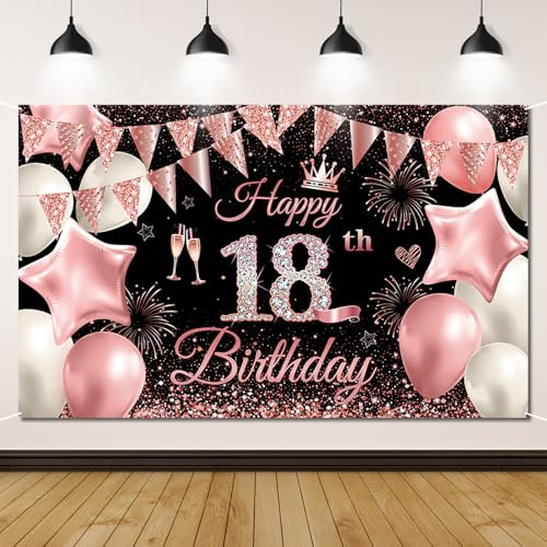 Banner de Cumpleaños Número 18 Rosa, Decoración para Niñas y Niños, Pancarta de Fondo para Fiesta, 180 x 110 cm