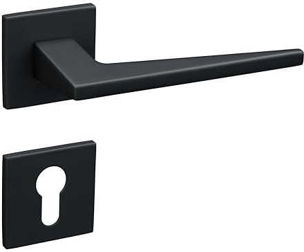 Gavroche Türgriffe Schwarz Matt Set PZ Profilzylinder | Türklinken für Innentüren | Drückergarnitur für Zimmertür mit eckiger Rosettengarnitur aus Aluminium Türbeschlag in L-Form
