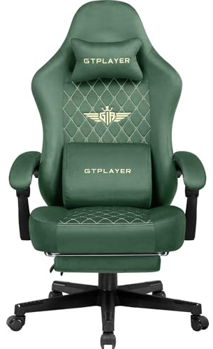 GTPLAYER Spelstol spelstol tyg ergonomisk spelstol skrivbord PC-stol, 150 kg, justerbar och svängbar bordsstol med fjäder- och fotstolsdyna, grön