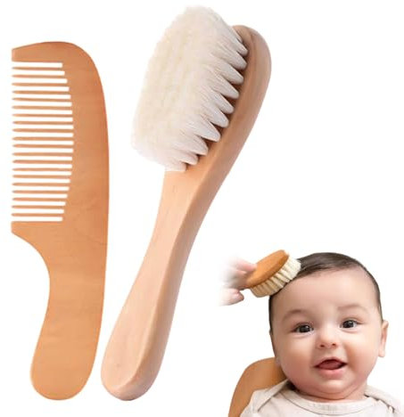 Baby Haarbürste und Baby Kamm Set, Baby-Haarbürste, Babyhaarbürsten mit weichen Ziegenborsten, Natürliche Holz Babyhaarbürsten für Babybürste Neugeborene, Kleinkind, Wiegenkappe