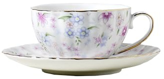 fanquare Purple Floral Tea Cup and Saucer Set of 1 Elegant British Porcelain Coffee Cups with Gold Border Gift for Mom Friend Tea Party 200ml