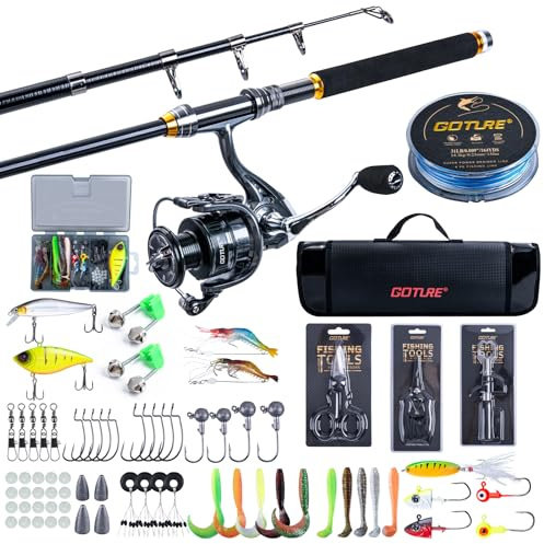 Goture Angelset mit Teleskop-Angelruten (24T Carbon),1,8m/2,1m/2,4m/2,7m I Angelrute Set Komplett 5.2:1 Spinnrolle, 150m/14kg Schnur, Köderbox & Tragetasche – für Salz-/Süßwasser, Reisen–Angelgeschenk