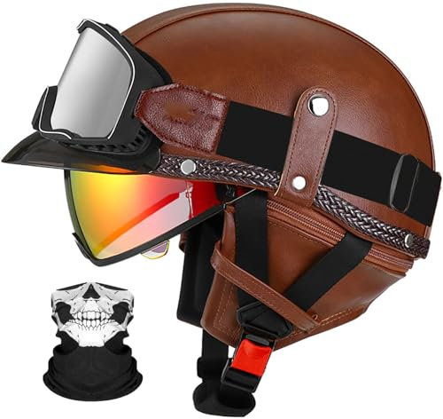 Retrò Mezzo Casco Da Motociclista, Caschi Jet Omologati DOT/ECE, Casco A Scodella Con Occhiali, Casco A Scodella Casco Mezzo In Pelle Stile Vintage Per Scooter Bici Cruiser 6,L=59-60CM