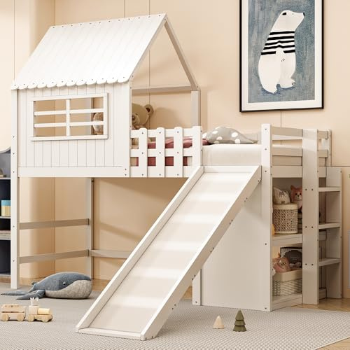 Letto a Soppalco per Bambini 90 x 200cm con Scivolo e Scaletta, Vani Portaoggetti Multilivello, Letto a Casetta e finestra,Struttura in Legno Massello per Ragazzi e Ragazze(Senza Materasso)Bianco