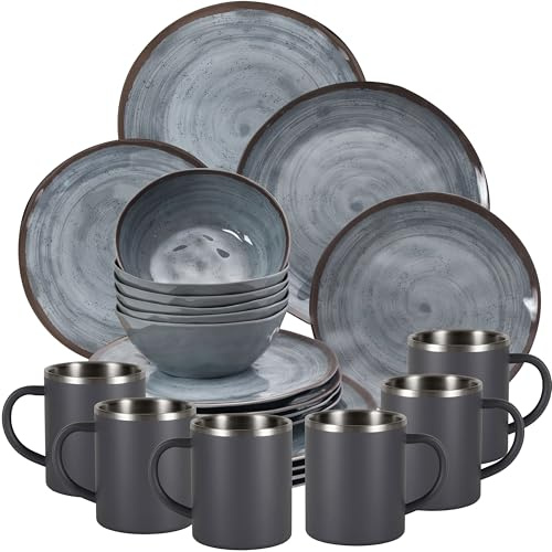 Melamin Geschirr Set Grau für 6 Personen 24 Teile mit Edelstahl Thermo Tassen doppelwandig - Tonoptik Essgeschirr - Campinggeschirr Picknick ideal für Camping modern Outdoor