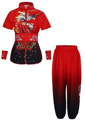Miutii Conjunto de deporte para niños y niñas, uniforme de Tai Chi, camiseta de Kung Fu y pantalones Wushu Chándal chino Kung Fu Wing Chun, D Red Black, 158-164