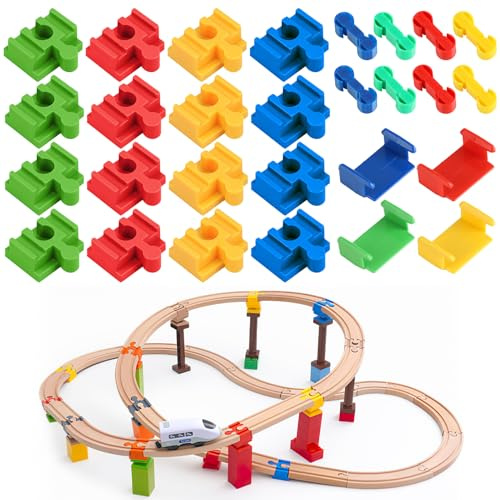 Holzeisenbahn Schienen Adapter Set 28 Stück, Universelle Holzschienen Verbinder aus Kunststoff, Kompatible Schienenverbindung für Modulare Holzschienensysteme