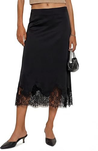 Cicy Bell Womens Silk Satin Midi Skirts Casual Dressy Lace Hem High Waisted A-Line Skirt Elegant Party Cocktail Outfit Black