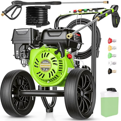 Commercial 4200PSI 4GPM 209CC Gas Pressure Washer, 7HP Professional Gas Power Washer with 10 Wheels 5 Nozzles 25FT Hose 1.5L Foam Bottle for Home Fence Driveway Yard (EPA/CARB/ETL Compliant), Green