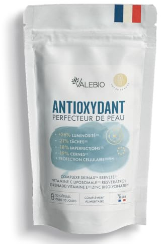 Antioxydant Perfecteur de Peau I Éclat & anti-taches I 30 gélules I Valebio | Complexe SkinAx²™ + resvératrol + grenade + vitamine C liposomale, Unifie teint, Réduit les taches, Vegan, Fabriqué en France