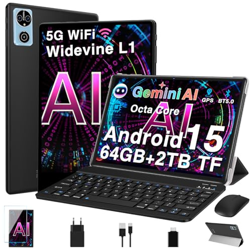 Tablet Android 15 Tablets 10 Pulgadas con Gemini AI, 64GB+2TB TF, 5G Wi-Fi, Octa-Core 2.0GHz, Widevine L1, 8+5MP, GMS, 6000mAh, Facial ID,GPS,BT5.0, 2 en 1 Tablet con Teclado,Ratón y Funda - Negro