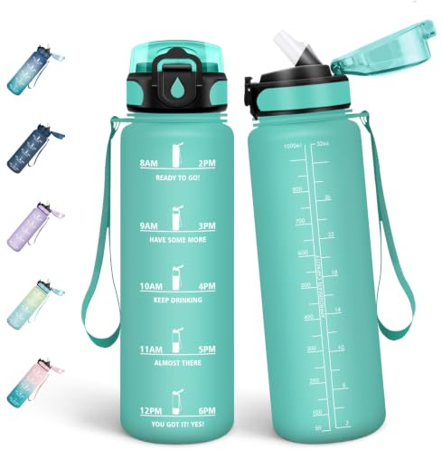 Mulbijeo Botella Agua 1 Litro, Libre de BPA & Prueba de Fugas, con Pajita, Botella Agua Gimnasio, con Marcador de Tiempo, Cantimplora para Sport, Bicicleta, Azul-verde