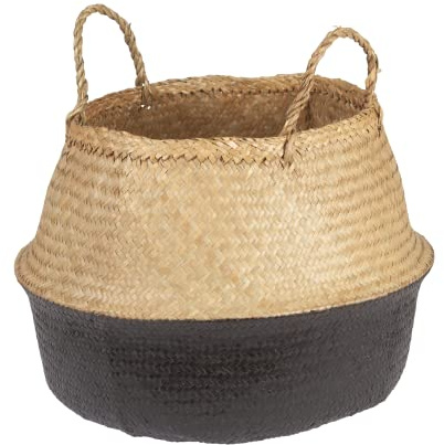 Bloomingville Handwoven Seagrass Folding Basket with Handles, Natural and Black