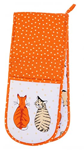 Ulster Weavers Double Oven Glove - Heat Resistant, 100% Cotton & Polyester, Machine Washable - Perfect for Cooking, Baking and Serving, Animal Theme, Cats in Waiting, Orange