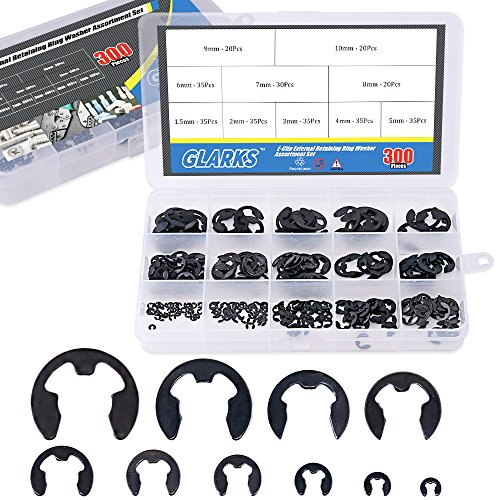 Glarks Juego de 300 arandelas de retención exteriores en aleación de acero y aleación Negra Tamaño 10