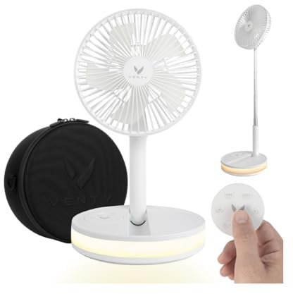 VENTY Portable Wireless Fan - 48HR Run Time, LED Lighting, Remote Control, Folding Telescopic Camping Fan (White with Case)