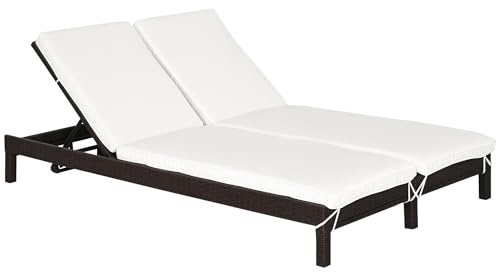 Outsunny Bain de Soleil transat 2 Places - Grand Confort - Dossier inclinable Multi-Positions - Matelas fournis crème - résine tressée 4 Fils Marron