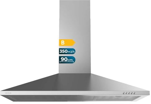 Cecotec Hotte aspirante 90 cm Pyramidale Bolero Flux PM 903500 Inox B. Moteur 65 W, Finition inox, Aspiration 350 m3/h, Commande mécanique, 3 niveaux de puissance, Lumière et Filtre à charbon