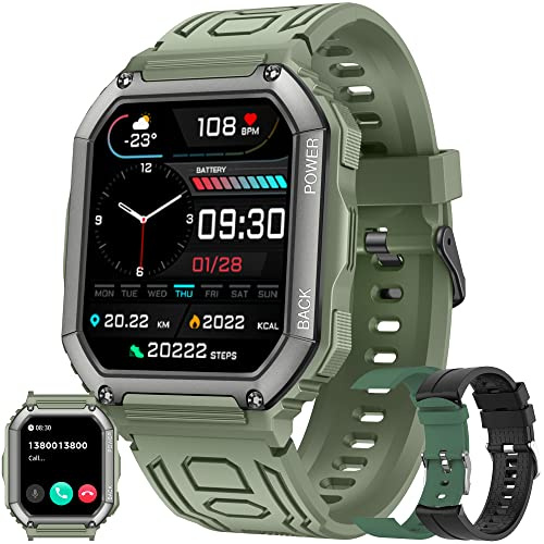 LWEARKD Smartwatch Herren mit Telefonfunktion, 1,8 Touchscreen Wasserdicht Militärische Sportuhr mit Blutdruckmessung, Schrittzähler, Herzfrequenz, 30 Sportmodi Fitnessuhr für iOS Android (Grün)