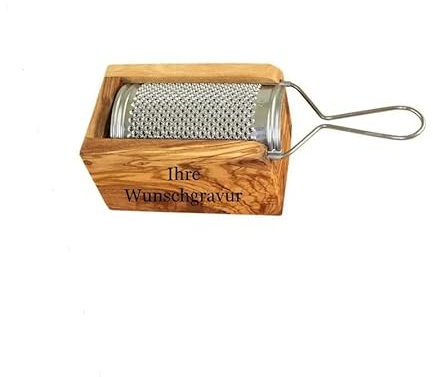 Parmesanreibe, Käsereibe, Muskatreibe aus Olivenholz und Edelstahl als Geschenk für die Küchenfee, den Hobbykoch, Küchenchef, persönliche Gravur möglich (L 14 cm x B 8 cm x T 7 cm/mit Gravur)