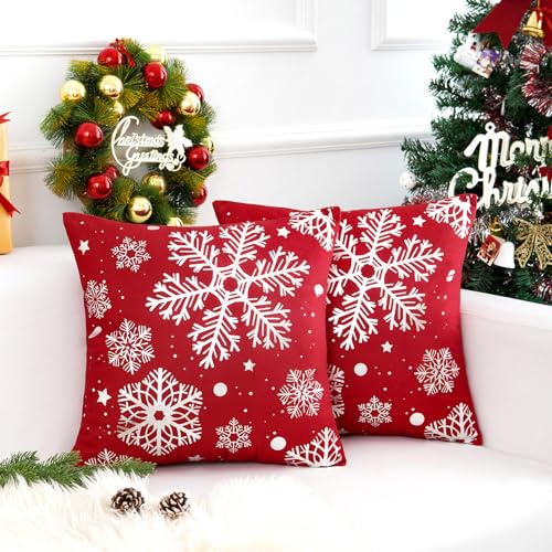 2er Set Kissenbezug Weihnachten 45x45 Samt Kissenbezüge Schneeflocke Beidseitig Muster Weihnachtskissen Weihnachtselementstile Christmas Decorations für Wohnzimmer Winter Couch Sofa, Rot