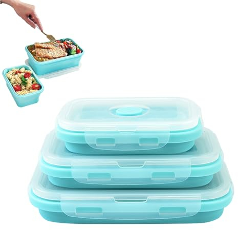 HXSYKJDM 3 Stück Faltbare Frischhalteboxen, Faltbare Schalen, Zusammenklappbarer Aufbewahrungsbehälter aus Silikon mit Deckel für Camping Picknick Büro Küche (350/500/800ML)