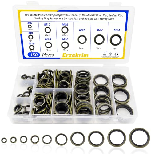 Erzekrim Anelli di tenuta idraulici, con bordo in gomma, 150 pezzi, M6-M24, M6, anello di tenuta con contenitore per idraulica centrale, servosterzo