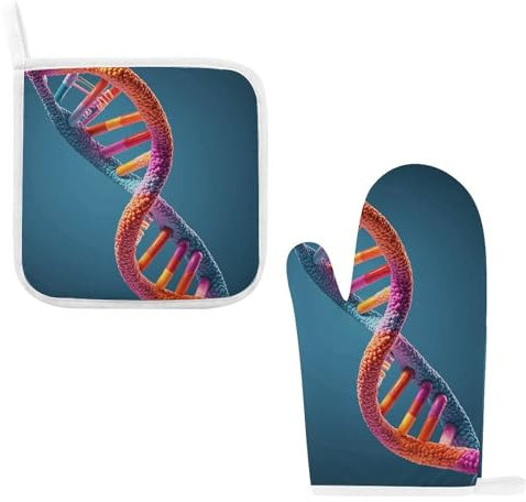 DNA-Ketten-Foto-Ofenhandschuhe und Topflappen-Set, hitzebeständige Mikrowellen-Handschuhe, Baumwollfutter mit rutschfesten heißen Pads für Küche, Kochen, Backen, Grillen
