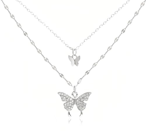 NJCXOLA Kette Damen, Schmetterlinge Layering Halskette, Bohème Schmetterling Anhänger, Vintage Zweireihig Silber mit quadratischen Zirkoniasteinen, Geschenk für Frauen