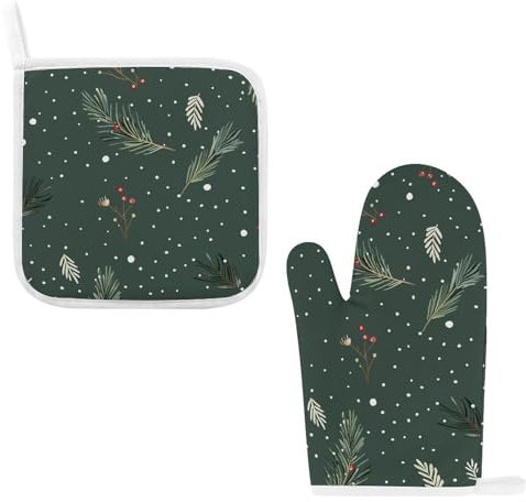 2 Pack Set Oven Mitts Pot Holders for Kitchen Heat Resistant Pot Holders Set Small Pine Branch Cooking Oven Glove with Cotton Lining Non-Slip Extra Thick Oven Mitts