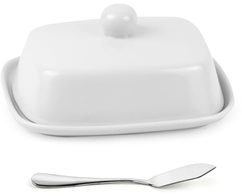 AZKEEGREY Large Ceramic Butter Dish with Lid and Butter Knife, Rectangular Butter Storage Container, Porcelain Butters Dish for Countertop Kitchen Restaurant, White