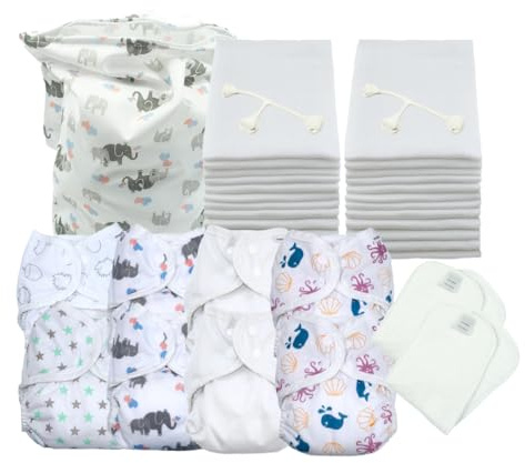 MuslinZ Newborn Reusable Nappy Kit - Washable Diaper Full time Bundle - 8 Nappy Covers - 24 Muslin Nappies - 2 Bamboo Boosters - 2 Nappy Fasteners - 1 Wet Nappy Bag - Great Newborn Full kit (Unisex)