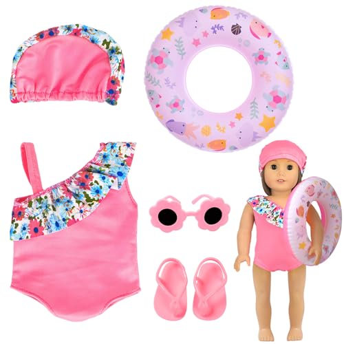 Set da Nuoto per Bambole, Estate Costume da Bagno Bambole, Set da Costume da Bagno Bambolotto con Anello di Nuoto, Occhiali da Sole, Sandali per 18 Pollici Bamboles Abiti Estivi Accessori (Rosa)