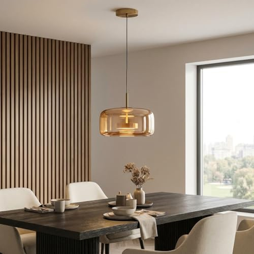 Alpinaluz LED Pendelleuchte Ø37 cm mit bernsteinfarbenem Kristallschirm aus Glas und goldfarbenem Metall, 25W dimmbare integrierte LED, stufenlos einstellbare Farbtemperatur 2700K–6500K, Fernbedienung