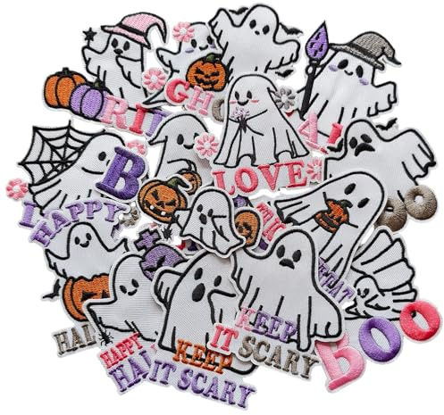 MISDONR 16pcs Ghost Iron on Patches Halloween Embroidered Patchs Applique for Repair Decoration Jacket Jeans Clothes Hats Shoes Bags