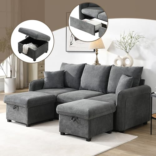 Generisch Multifunktionales Ecksofa U-Form 3-Sitzer mit Staufunktion - Inklusive Schubladen & Hocker mit Staufach, Chenille Bezug - Modulares Sofa-Set mit Schlaffunktion & zerlegbarer Konstruktion