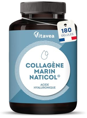 Collagène Marin Breveté Naticol® 800 mg + Acide Hyaluronique & Vitamine C - 2 mois - Peau, Os & Cartilages - 180 Gélules - Sans Gluten - Fabriqué en France - Vitavea | Enrichi en Vitamine C - Peau, Os & Cartilages - 180 Gélules - Sans Gluten - Fabriqué en France - Vitavea