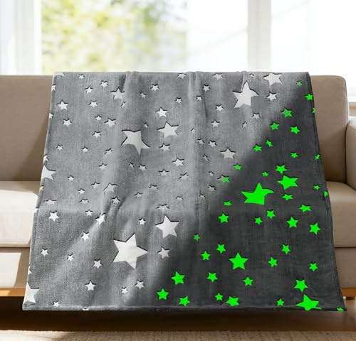 dellyy Kuscheldecke Leuchtet im Dunkeln, 135 * 160cm Dinosaurier Decke, Kinder Kuscheldecke Einhorn Glow, Decke für Mädchen, Geburtsta üBerwurfdecke für 1 2 3 4 5 6 7 8 Jahre (Stern, 135 * 160cm)