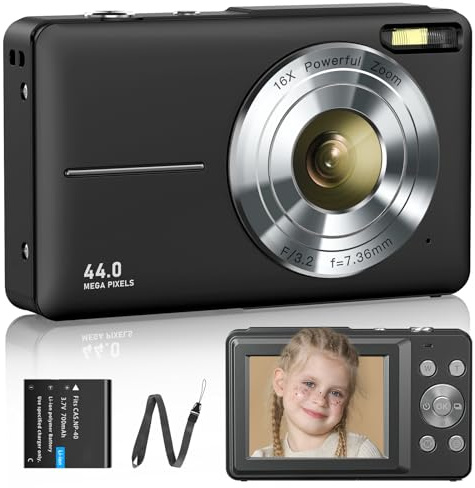 Digitalkamera Fotokamera 1080P 44MP Fotoapparat 16X Digitalzoom 1 Akkus Digitalkamera für Kinder Jugendliche Student Anfänger Schwarz