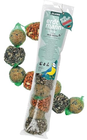 Erdtmanns 12 Mixketten für Wildvögel – je 8-teilig mit Meisenknödeln, Erdnüssen & Sonnenblumenkernen – energiereiches Vogelfutter für Garten & Balkon – Ganzjahresfutter zum Aufhängen