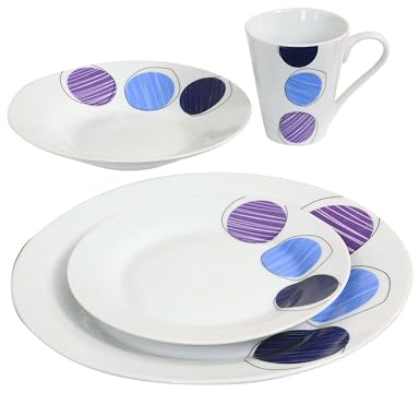 16 Piece Dinner Set - Blue & Purple Patterns Dinnerware Set | 4 Bowls, 4 Side Plates, 4 Mugs, 4 Soup Plates | Kitchen Microwave & Dishwasher Safe - for Cereal, Desserts, Porcelain Cup, Gift