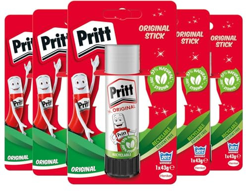 Pritt Stick Original Glue Stick for School, Crafting and Office Pack of 5-97% natural child-friendly adhesive, solvent-free, low-wrinkle formula that is strong, long-lasting,and easy to wash 43gEach