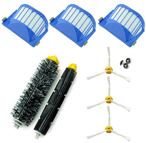 Asp-Robot® Kit de remplacement pour aspirateur robot Roomba 600/610/620/621/630/650/651/655/660/661/PET avec 3 filtres AeroVac, 3 brosses à 3 pales, 1 brosse centrale, 1 rouleau central et accessoires