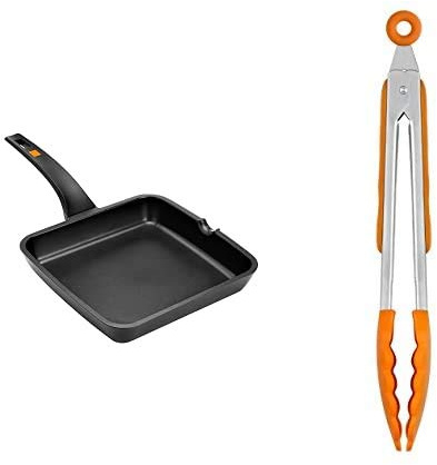 BRA Efficient-Grill Asador, Negro, 28 Cm + Efficient Pinza De Cocina, Acero Inox, Nailon Y Silicona, Naranja, 28.5 Cm
