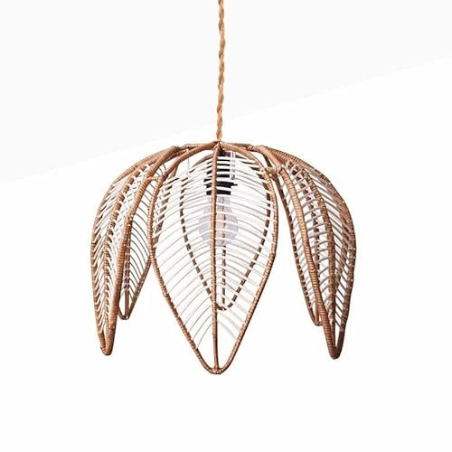 B·LED BARCELONA LED BarcelonaLED Lámpara Colgante de Techo de Ratán Forma de Flor Pantalla Ø44cm Pétalos de Cuerda Blanca Estilo Nórdico Rústico con Florón de madera Portalámparas E27 Negro