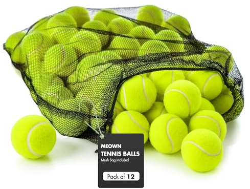 Meown Tennis Balls with Mesh Carrying Bag, Pack of 12 24 36 48 | Pressureless Training & Practice Balls for All Court Types | Durable Dog Fetch & Play Balls | Soft Rubber All-Court Tennis Balls