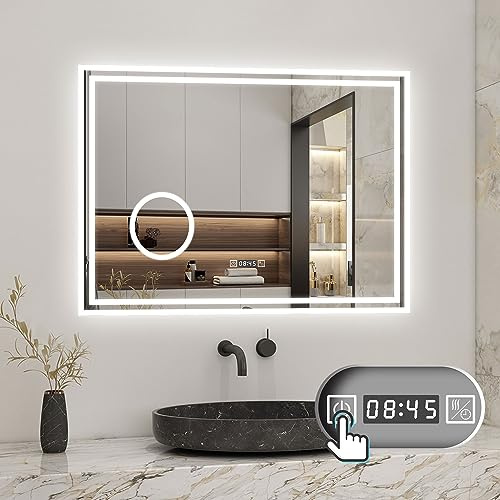 Biubiubath Badspiegel mit Beleuchtung 80x60cm LED Wandspiegel mit Uhr,Touch und 3X Vergrößernder Kosmetikspiegel,Badezimmerspiegel Beschlagfrei 3 Lichtfarbe 3000-6000K Dimmbar,IP44