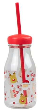 Christmas Milk Bottle and Straw Re-Useable - Santa/Rudolph/Ho Ho Ho 7041